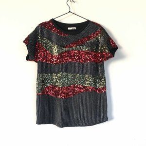 Relish Top Sequin Black Metallic Red Silver Embellished Party Cocktail Italy L